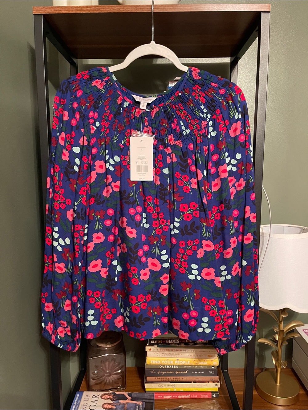 crown & ivy Navy Floral Smocked Neck Blouse with Pink & Red Blooms size small